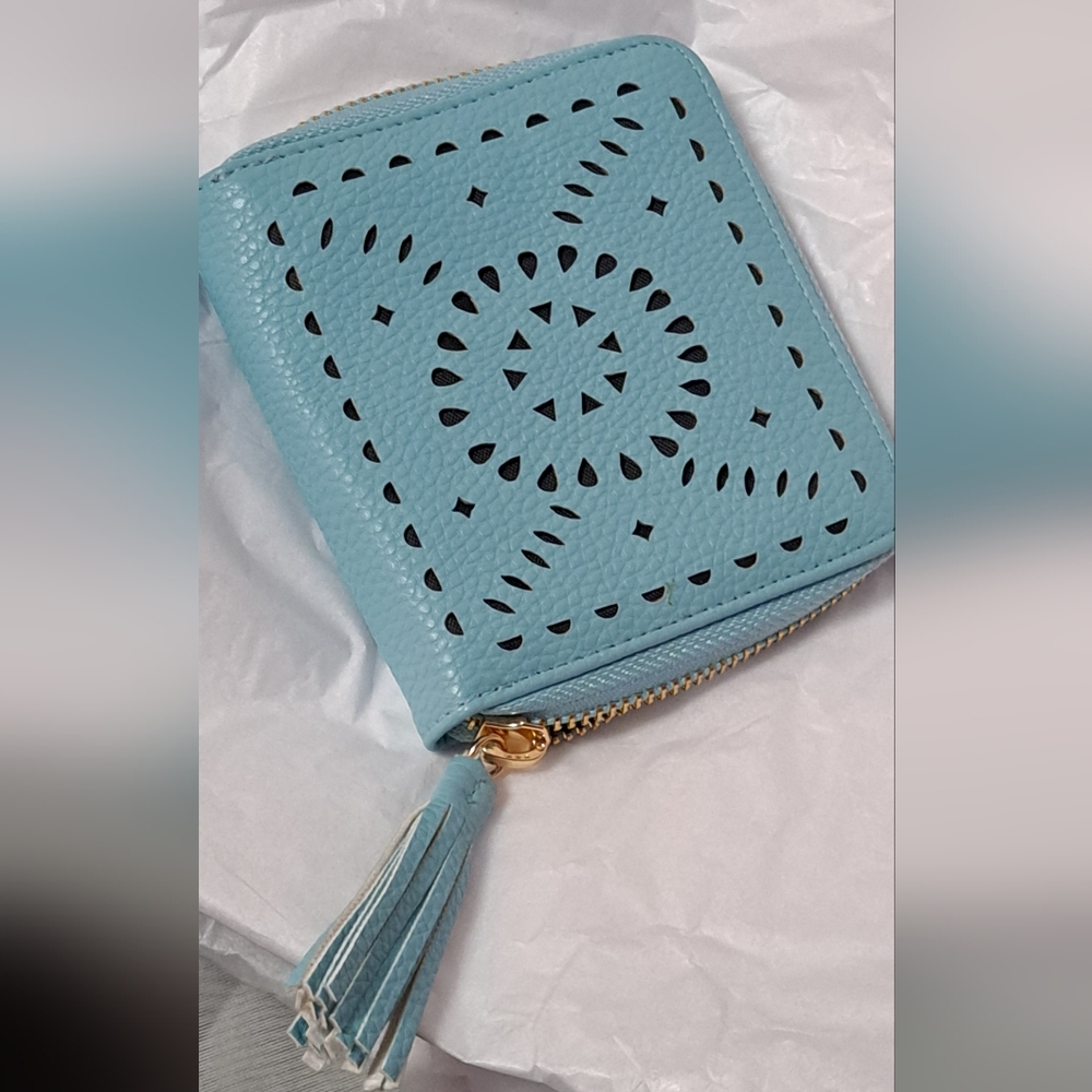 Cleobella Turquoise Mexican Teal Wallet. Zip Close. Goldtone Hardware.